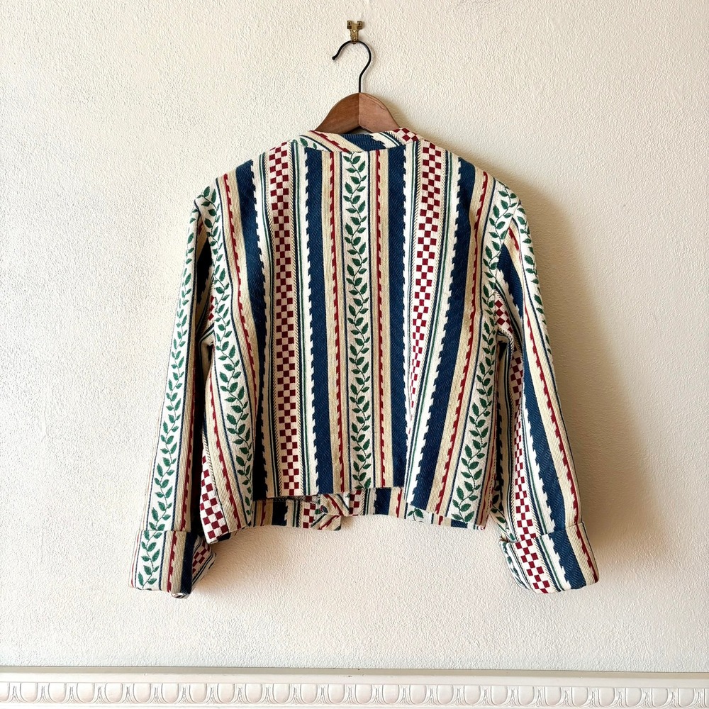 Doncaster Vintage Tapestry Jacket 10 Leaf Check Stripe Toggle USA Made 90s Artsy - Picture 9 of 12